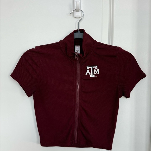 None Tops - Maroon Short Sleeve Zip-Up Top
